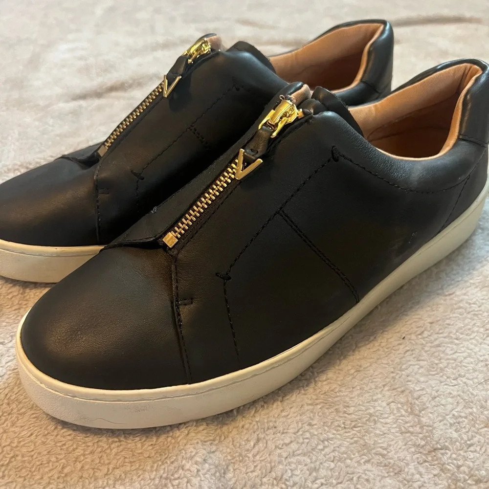 Vionic Black Leather Zip-Front Sneakers with Gold Hardware